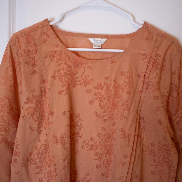 Burnt Peach Burnout Blouse Floral 3/4 Sleeve Sheer Layering Top XL | Soft Autumn - Picture 8 of 8